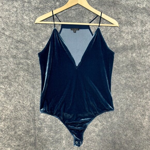 Express Pants - Express Bodysuit Womens M Blue Velvet Deep V Neck Balletcore Stretch Coquette